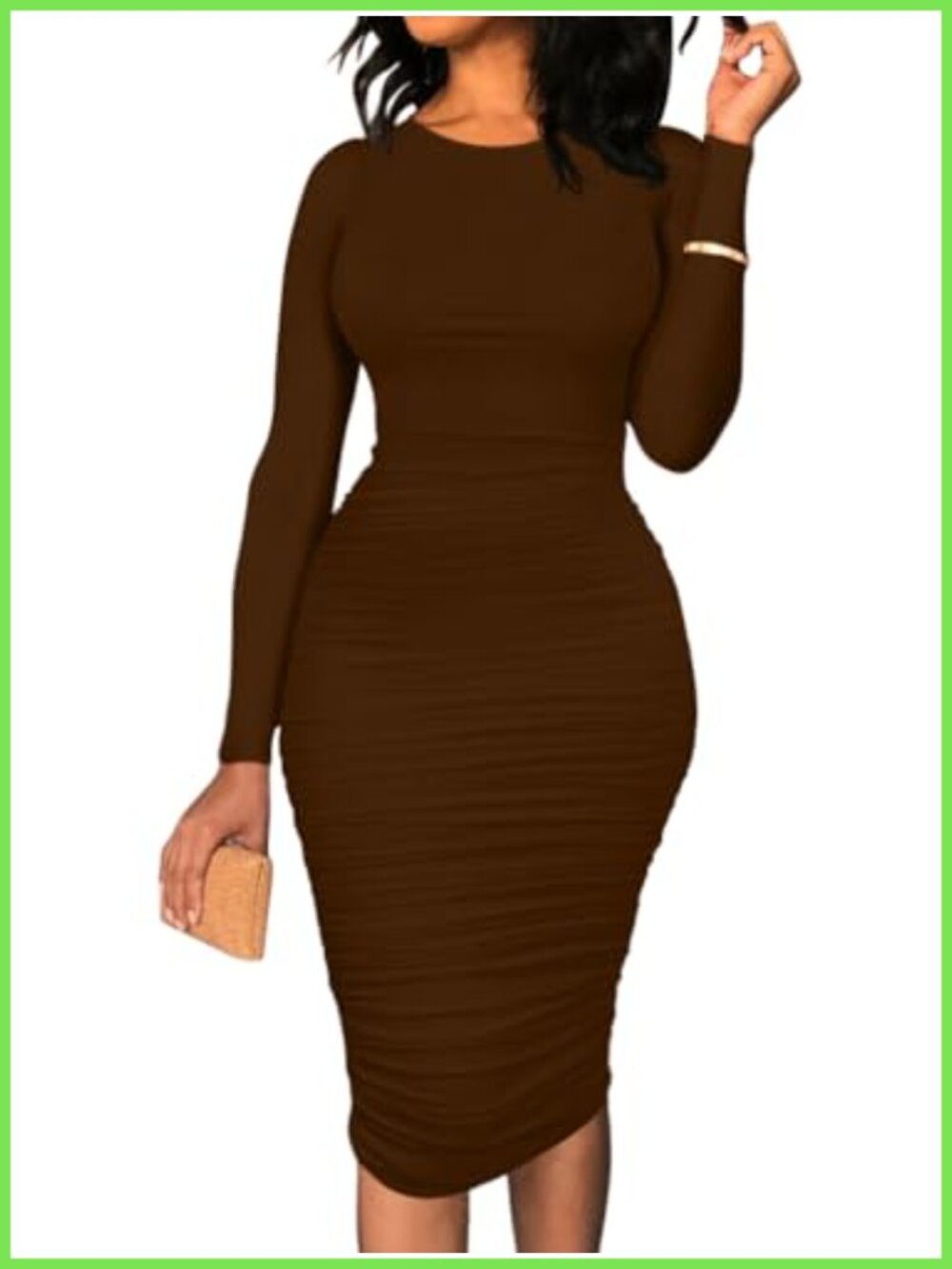 Ruched Long Sleeve Bodycon Midi Dress Polyester Spandex Party Cocktail